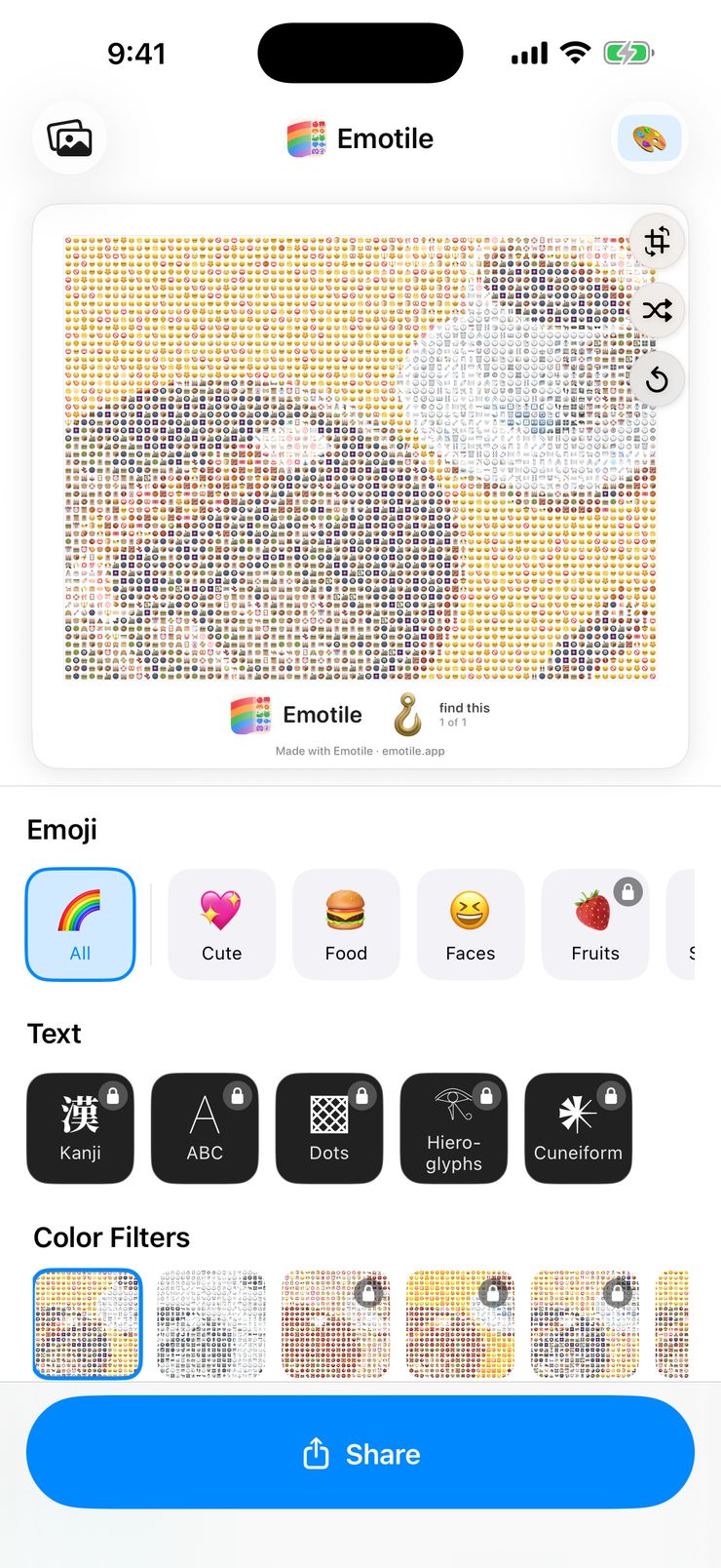 A cafe photo of cake and coffee converted into an emoji mosaic in the Emotile editor